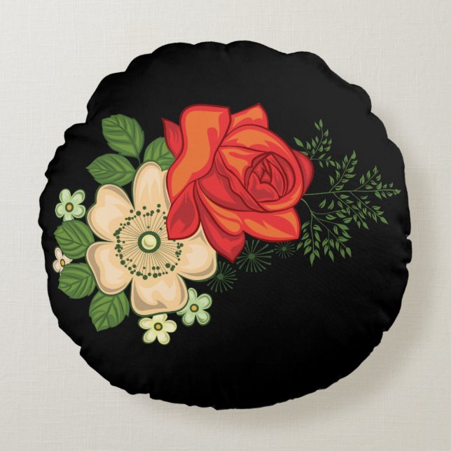 Red Rose and Daisies Black Background Round Cushion (Front)