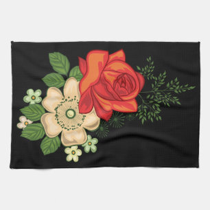 Red Rose and Daisies Black Background Tea Towel