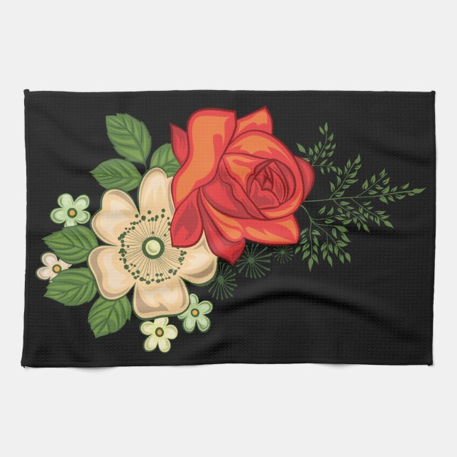 Red Rose and Daisies Black Background Tea Towel (Horizontal)