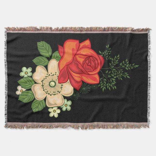 Red Rose and Daisies Black Background Throw Blanket (Front)