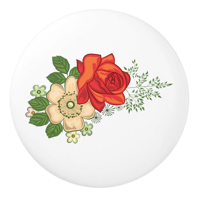 Red Rose and Daisies Ceramic Knob (Front)