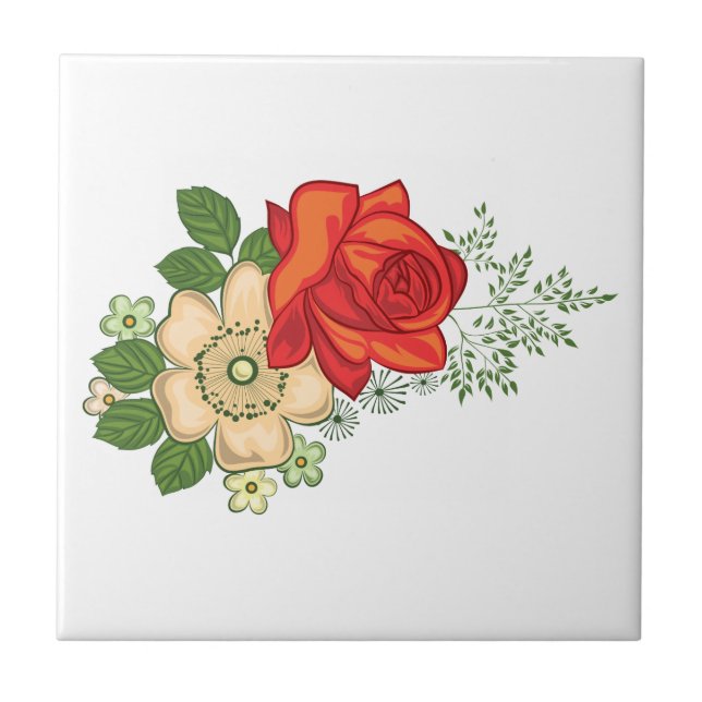 Red Rose and Daisies Ceramic Tile (Front)