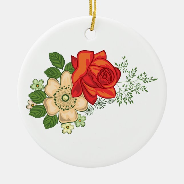 Red Rose and Daisies Ceramic Tree Decoration (Front)