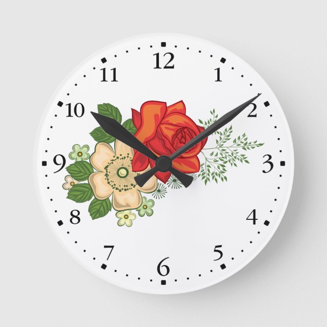 Red Rose and Daisies Clockface 1 Black Round Clock (Front)