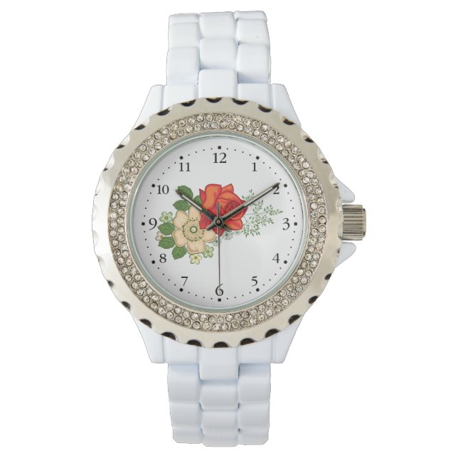 Red Rose and Daisies Clockface 1 Black Watch (Front)