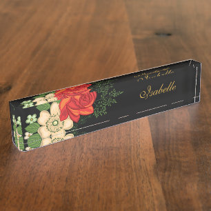Red Rose and Daisies Personalised Name Black Nameplate