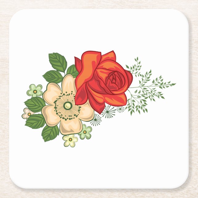 Red Rose and Daisies Square Paper Coaster (Front)