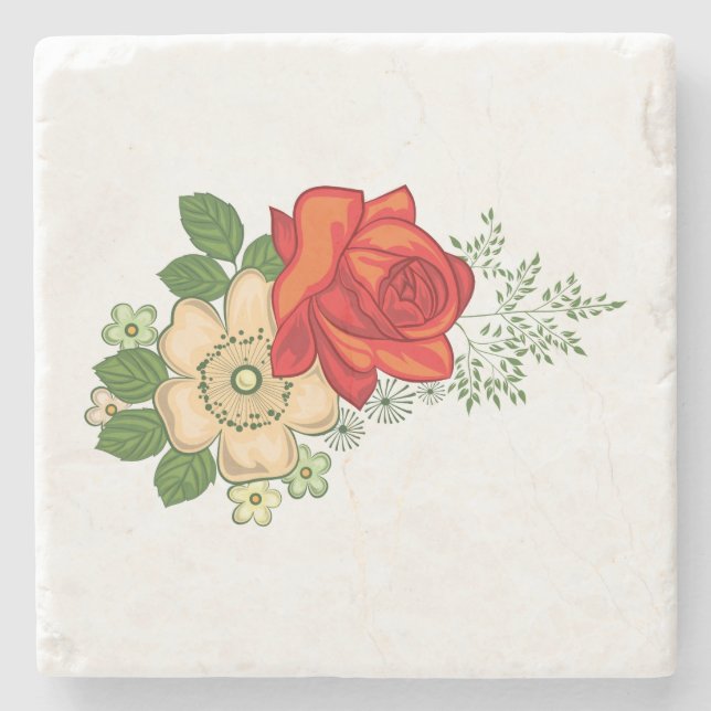 Red Rose and Daisies Stone Coaster (Front)