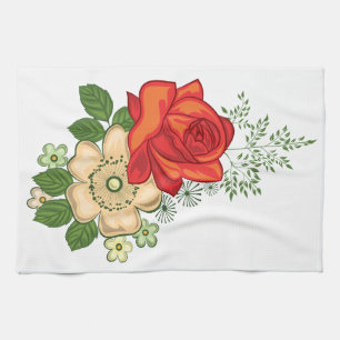 Red Rose and Daisies Tea Towel