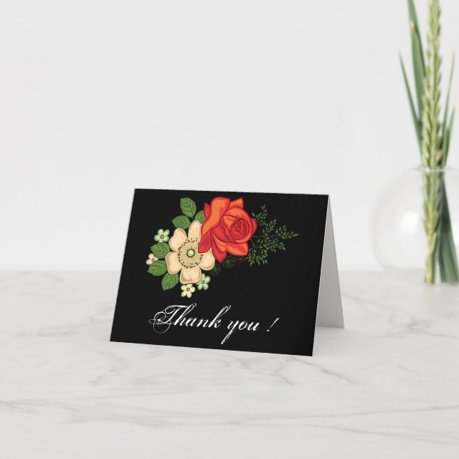 Red Rose and Daisies Thank You Card Black (Front)