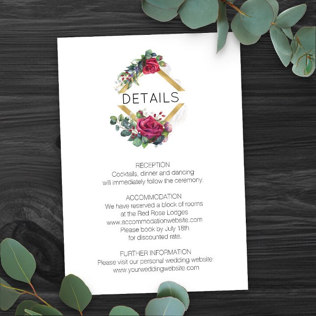 Red Rose and Eucaluptus Wedding Details Enclosure Card (Romantic floral wedding details card from my Red Rose and Eucalyptus Wedding Collection)