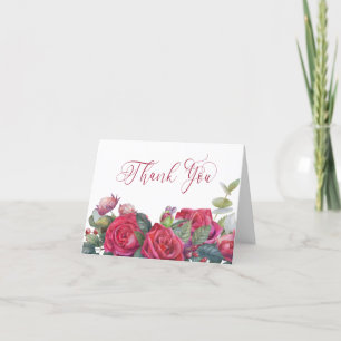 Red Rose and Eucalyptus Elegant Calligraphy Thank You Card