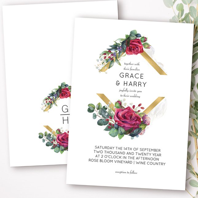 Red Rose and Eucalyptus Gold Diamond Frame Wedding Invitation (Monogrammed wedding invitation from my Red Rose and Eucalyptus collection)