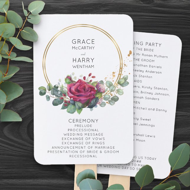 Red Rose and Eucalyptus Wedding Program Hand Fan (Romantic floral wedding program fans from my Red Rose and Eucalyptus Wedding Collection)