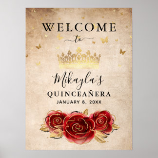 Red Rose and Gold Crown Elegant Welcome Party Poster