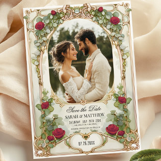 Red Rose and Gold Floral Save the Date with Photo  Invitation