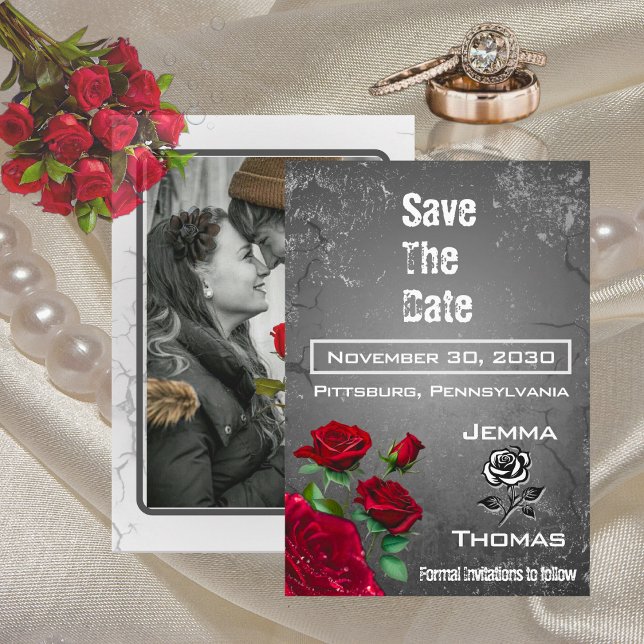Red Rose and Grunge Textured Wedding Save the Date Invitation (Creator Uploaded)