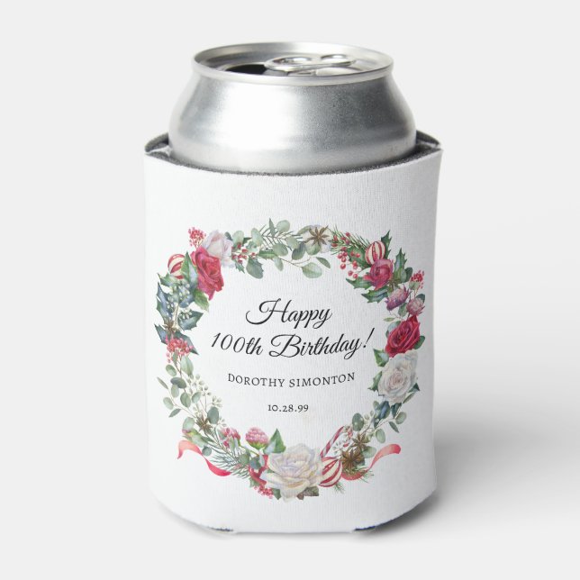 Red Rose and Holly 100th Birthday Elegant Can Cooler (Can Front)