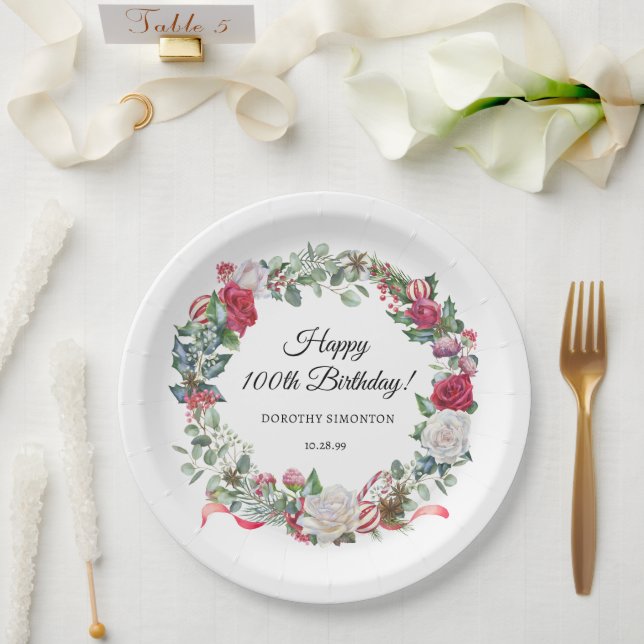 Red Rose and Holly 100th Birthday Elegant Paper Plate (Wedding)
