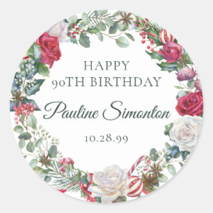 Red Rose and Holly 90th Birthday Elegant Classic Round Sticker