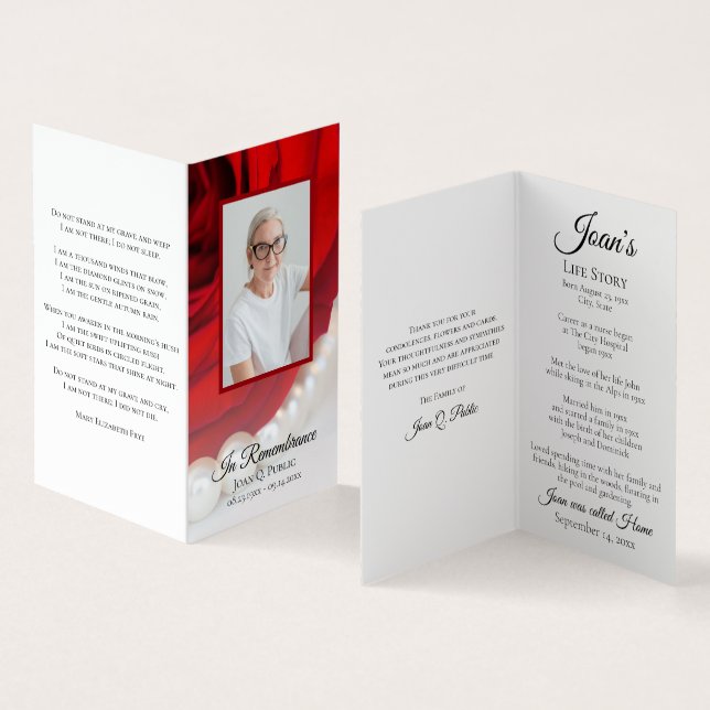 Red Rose and Pearls Funeral Memorial Prayer Business Card (Inside and Outside)