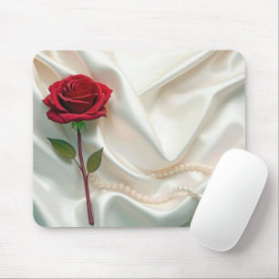Red Rose and Pearls On Satin Mouse Pad