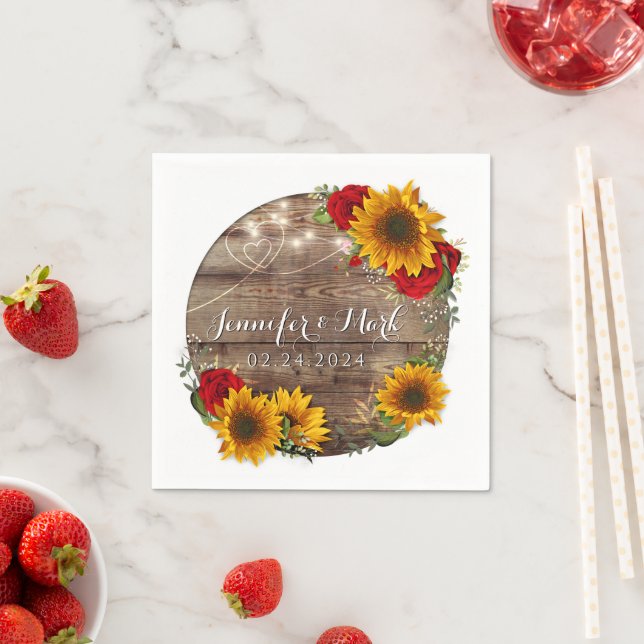 Red Rose and Sunflower Rustic Wood Napkin (Insitu)