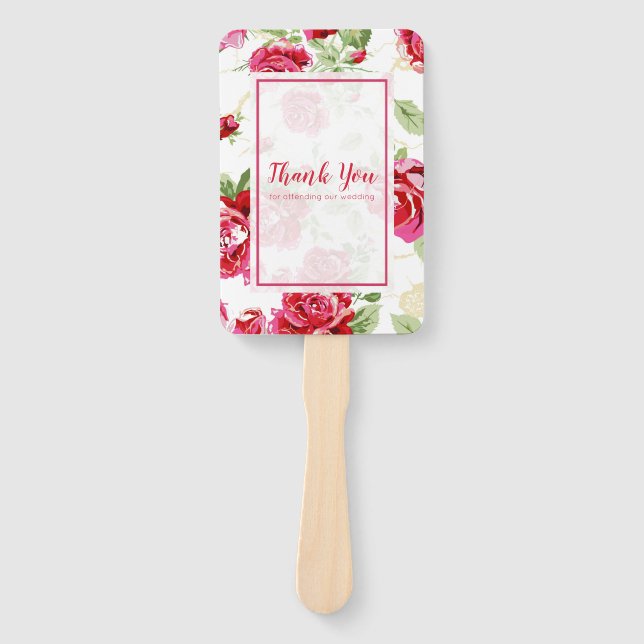 Red rose and white classic print hand fan (Front)