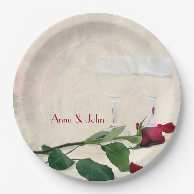 Red Rose and Wine Anniversary Party Paper Plate (Front)