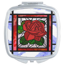 Red Rose Art Deco Stained Glass Compact Mirror