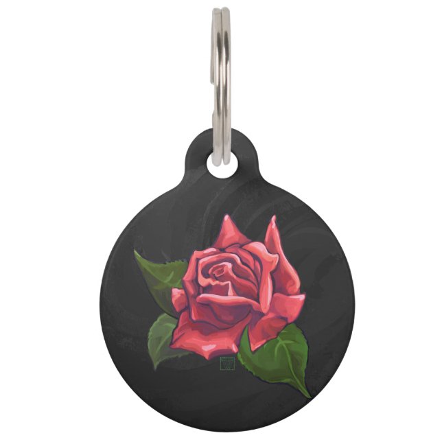 Red Rose Art on Black Pet Tag (Front)