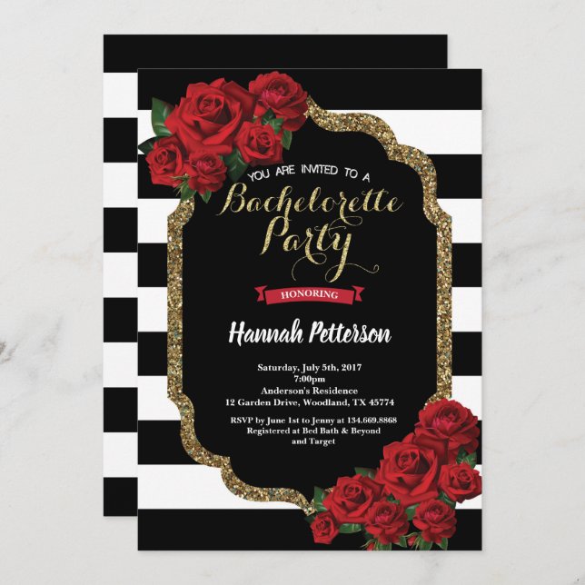 Red rose bachelorette party invitation black gold (Front/Back)