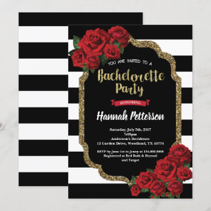 Red rose bachelorette party invitation black gold