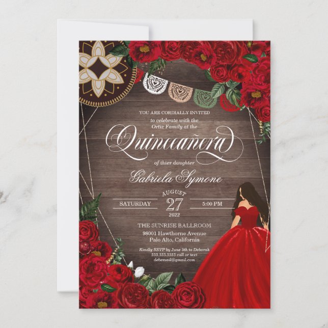 Red Rose Ball Gown Western Charro Quinceañera Invi Invitation (Front)