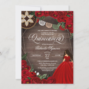 Red Rose Ball Gown Western Charro Quinceañera Invi Invitation