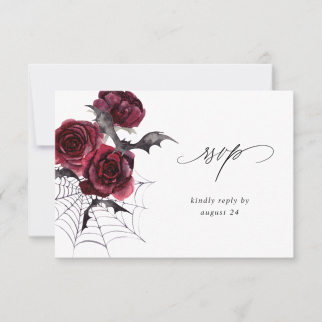 Red Rose & Bat Halloween Party w Meal RSVP White (Front)