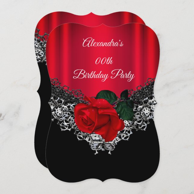 Red Rose Birthday Party Lace Black Silver Invitation (Front/Back)