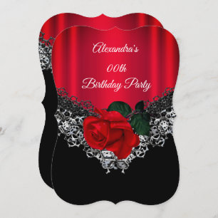 Red Rose Birthday Party Lace Black Silver Invitation
