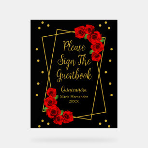 Red Rose Black and Gold Quinceañera Acrylic Sign