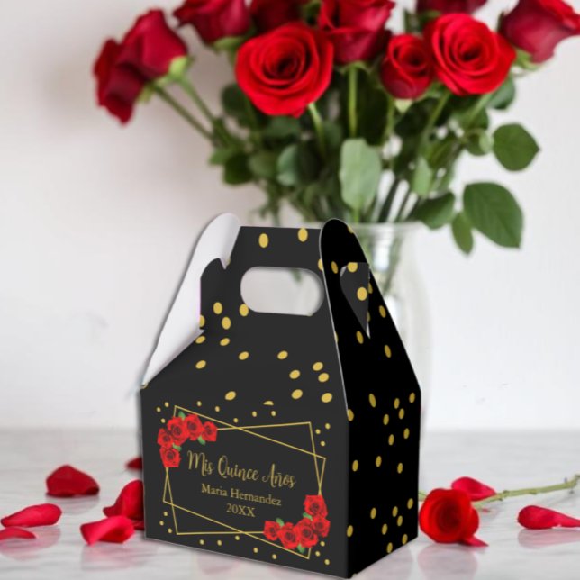 Red Rose Black and Gold Quinceañera Favour Box (Creator Uploaded)