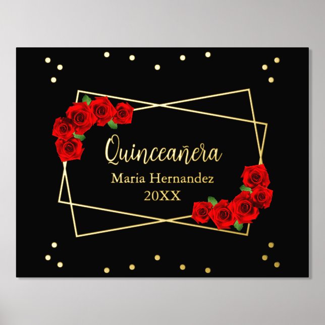 Red Rose Black and Gold Quinceañera Foil Prints (Front)
