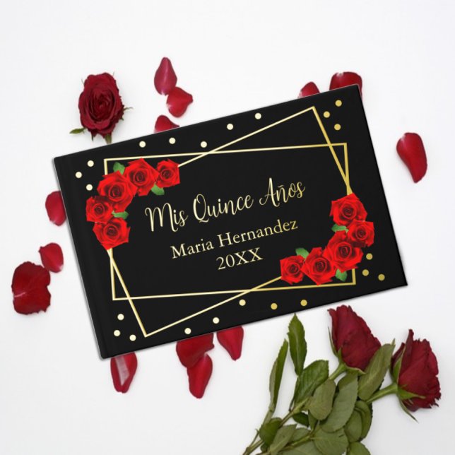 Red Rose Black and Gold Quinceañera Guest Book (Creator Uploaded)