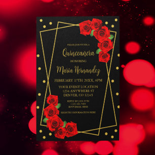 Red Rose Black and Gold Quinceañera Invitation
