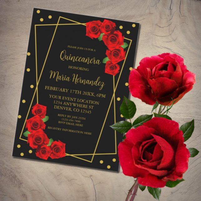 Red Rose Black and Gold Quinceañera Invitation (Creator Uploaded)