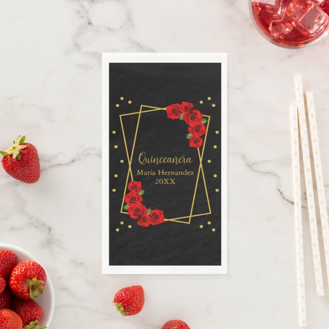 Red Rose Black and Gold Quinceañera Napkin (Insitu)
