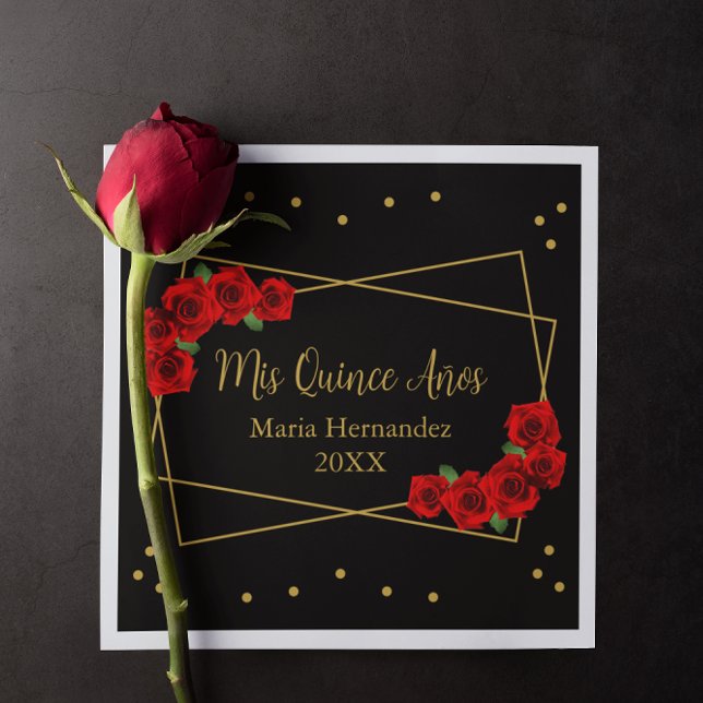 Red Rose Black and Gold Quinceañera Napkin (Creator Uploaded)