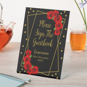Red Rose Black and Gold Quinceañera Pedestal Sign