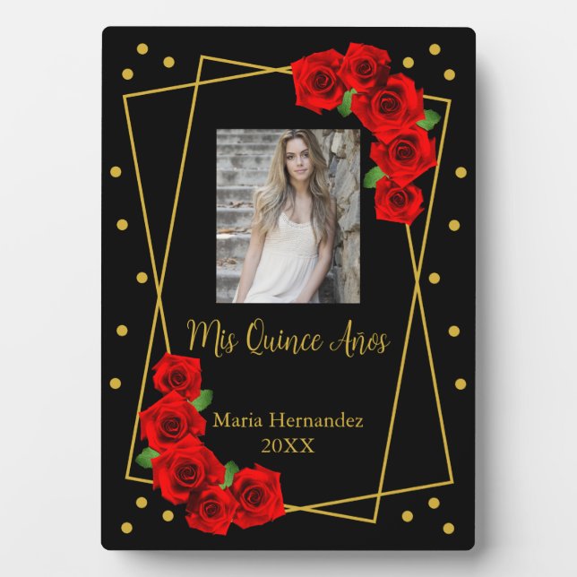 Red Rose Black and Gold Quinceañera Plaque (Front)