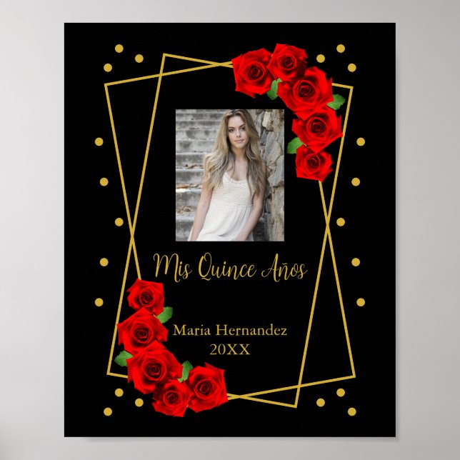 Red Rose Black and Gold Quinceañera Poster (Front)