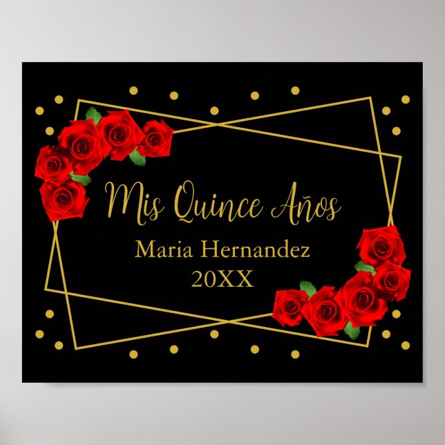 Red Rose Black and Gold Quinceañera Poster (Front)